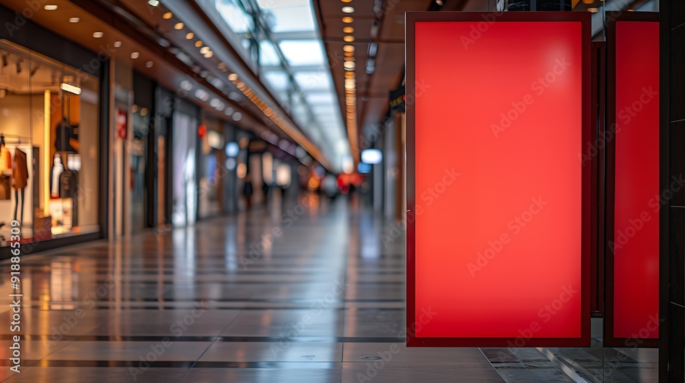 Poster red blank sign inside shopping mall mock up advertise display frame setting over the clothes line in the shopping department store for shopping business fashion and advertisement conce : Generative AI