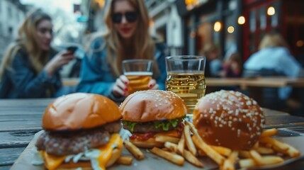 Women eat street fast food and chatting while sitting at a table outside and using phone for video : Generative AI