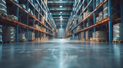 Fototapeta premium Warehouse interior blurred Empty warehouse without anyone Old warehouse interior without shelving Spacious hangar with metal roof Storage room with forklift Rental industrial premises : Generative AI