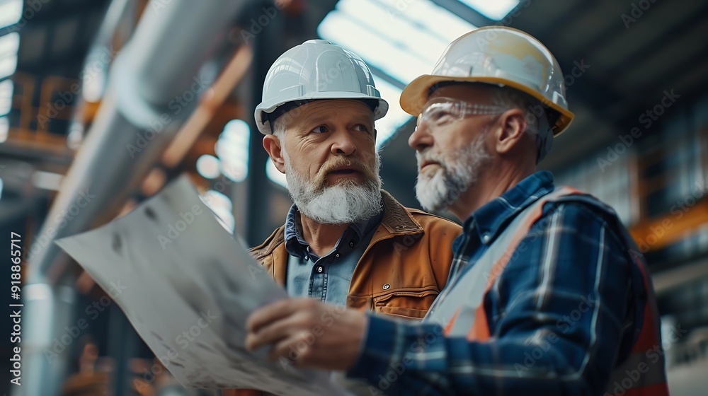 Poster Engineer and foreman worker team checking project at precast factory site Engineer and builders in hardhats discussing on construction site : Generative AI