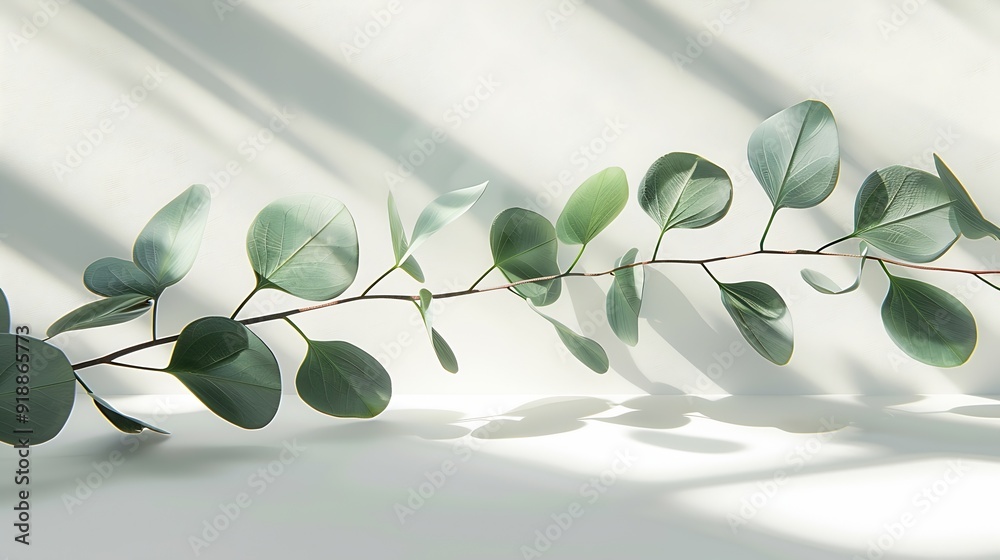 Aufkleber green eucalyptus branch with shadows on empty light grey background backdrop for natural product pre
