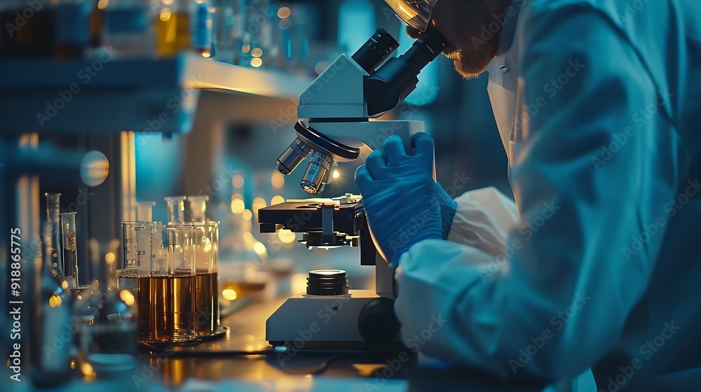 Poster scientist analyze biochemical samples in advanced scientific laboratory medical professional use mic