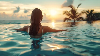 Happy woman in white swimsuit swimming in infinity pool at luxury hotel against ocean front young female enjoy in tropical resort Relaxing summer travel holiday vacation and weekend c : Generative AI