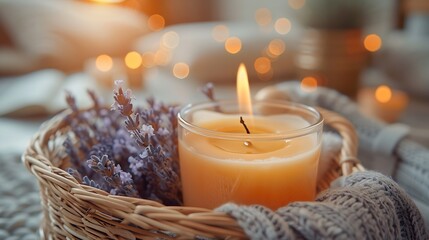 Aromatherapy products and burning candle in wicker basket closeup : Generative AI