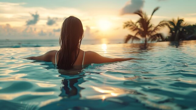 Happy woman in white swimsuit swimming in infinity pool at luxury hotel against ocean front young female enjoy in tropical resort Relaxing summer  travel holiday vacation and weekend c : Generative AI