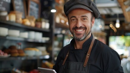 Smiling small business owner dressed in a black chef uniform with an apron using digital tablet in his cozy restaurant hall Successful people hard work consumer cafes restaurants indus : Generative AI