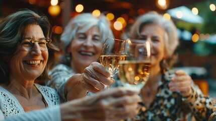 Senior women friends and toast in restaurant for wine vacation and retirement together with happy Elderly people reunion and cheers in diner for drinks holiday and social celebration w : Generative AI