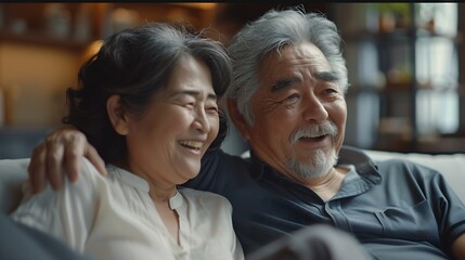 Obraz premium Senior couple coffee and happy on couch in conversation relax and talking in home living room Old man elderly woman and smile for bonding with care love and chat in retirement on sofa : Generative AI