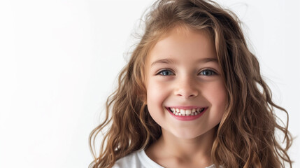 A joyful Caucasian girl smiling and looking at the camera, set against a white background.

