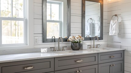 A luxurious renovated bathroom with a grey vanity rustic wood framed mirrors shiplap wall and chrome faucets and hardware : Generative AI