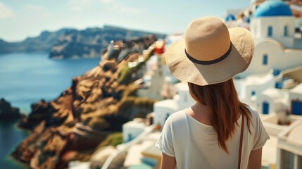 A woman with sunhat looks at the beautiful village of Oia Santorini island Greece during summer travel time : Generative AI