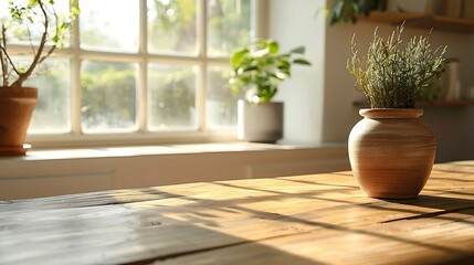 Fototapeta premium Wooden table with retro pedestal of free space for your decoration Kitchen interior with window and sun light Empty space for your decoration : Generative AI