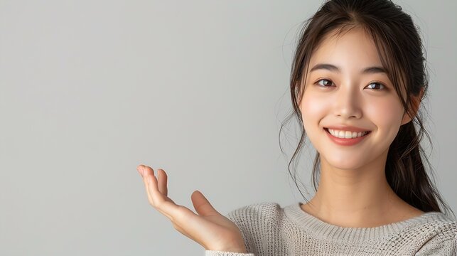 Happy young Asian woman presenting or showing open hand palm with copy space for product isolated on white background : Generative AI