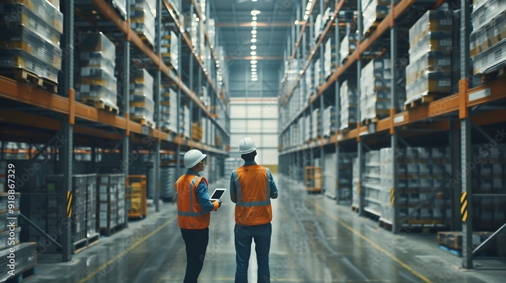 Poster Industry 40 Modern Factory Two Engineers in Empty Warehouse Use Digital Tablet Computer with Augmented Reality Software For a Room Mapping Doing 3D Factory Floor Layout High Angle Shot : Generative AI