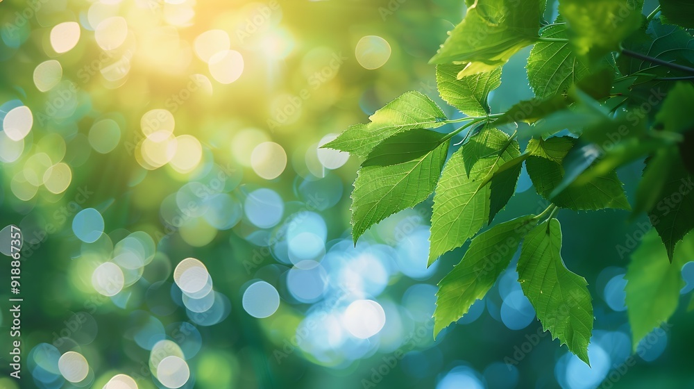 Aufkleber summer background of blue and green blurred foilage and sky with bright bokeh blurry abstract summer