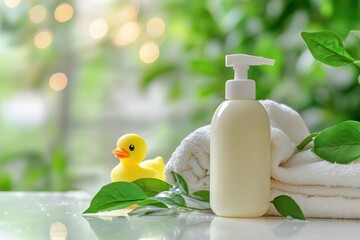 Organic baby detergent in eco friendly packaging with nature theme Baby hygiene products branding with leaves and duck