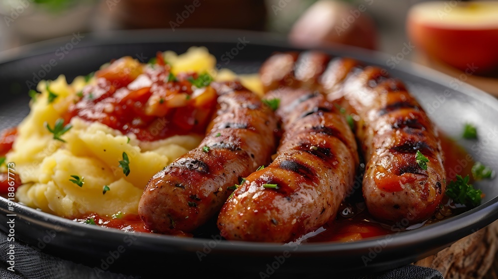 Poster devilled sausages with mashed potato spiced tomato and apple sauce : generative ai