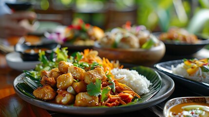 Fototapeta premium Gourmet PanAsian Meal at Five Star Restaurant in Hawaii : Generative AI