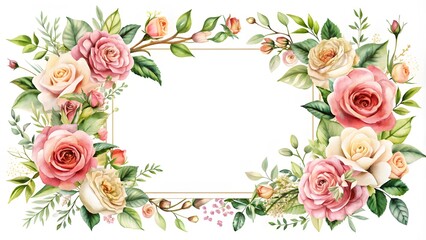Obraz premium Floral frame with roses and decorative leaves. Watercolor wedding, invitation design. Floral elements, botanic watercolor.