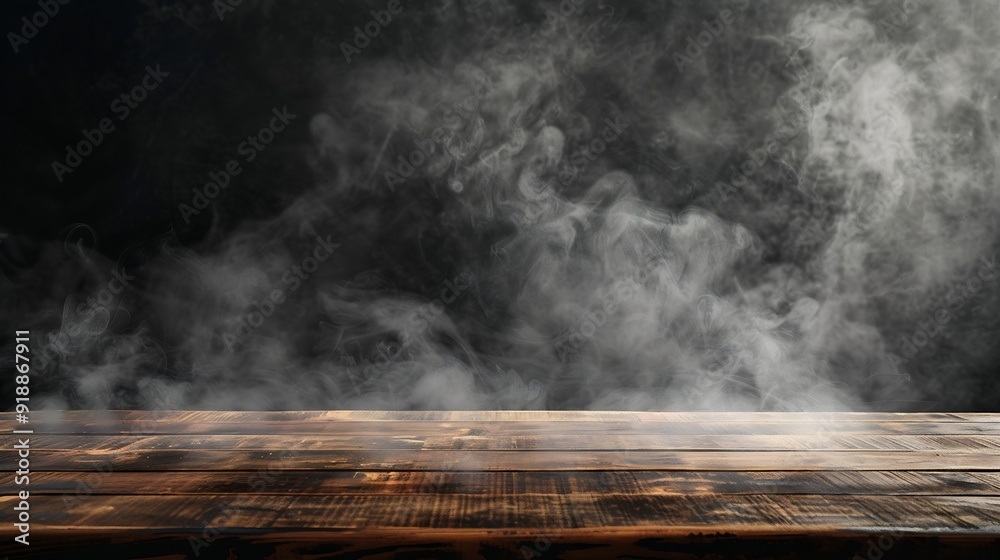 Aufkleber On a black background an empty wooden table with smoke floats up Empty space for displaying your products with a smoke float up on a dark background Space available for displaying your : Generative AI
