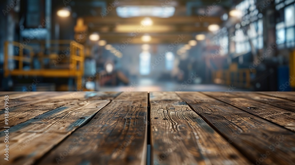 Aufkleber The empty wooden table top with blur background of factory Exuberant image : Generative AI