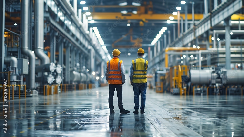 Poster two engineers talking walking across empty factory floor inspecting planning where all the machinery