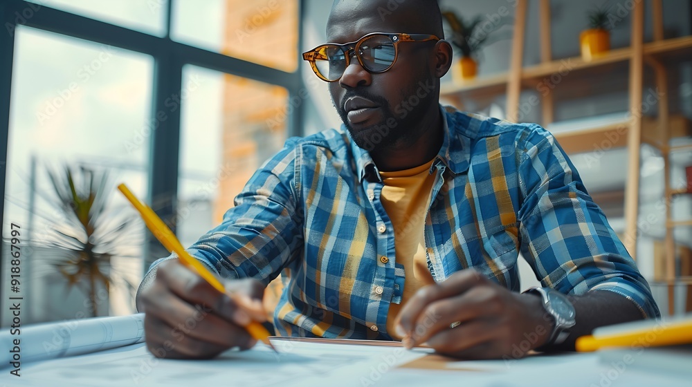 Poster Black man office and drawing on blueprint with pencil for planning a building design layout and project as architect Table construction and engineering person with idea for property re : Generative AI
