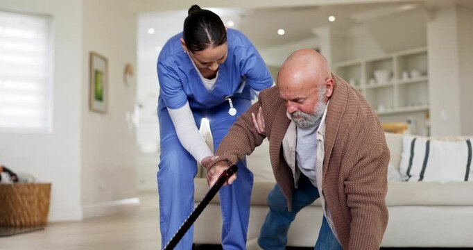 Old man, fall and nurse help on the floor in home, living room and elderly care in accident or emergency. Vertigo, senior person and caregiver helping to support, balance or injury walking on ground