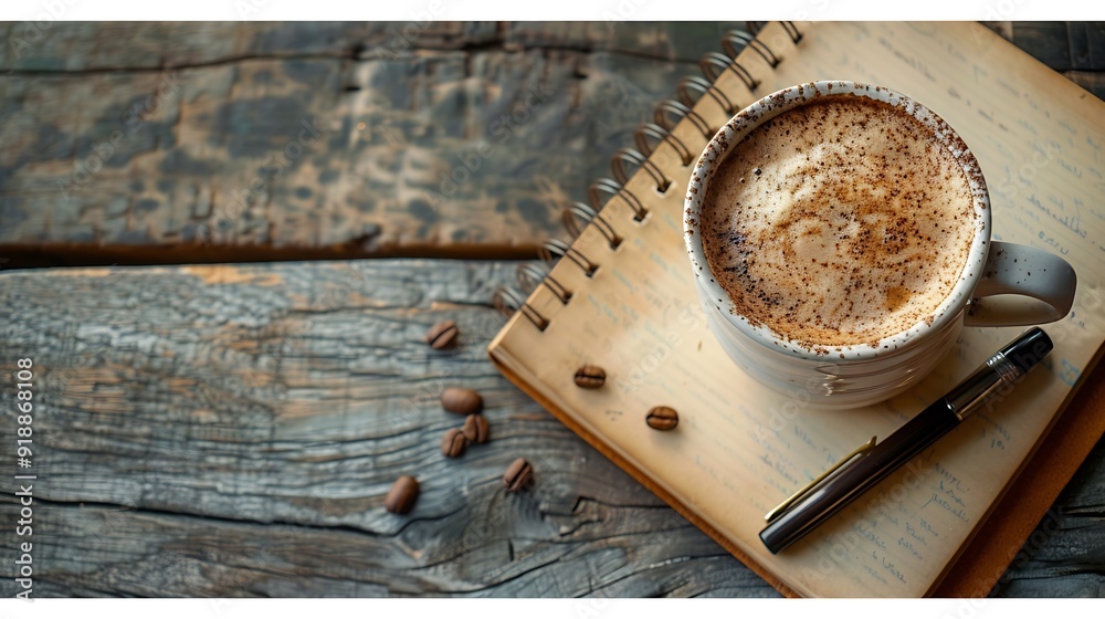 Leinwandbilder cup of coffee with notepad and brown pen on wooden table top view copy space : generative ai