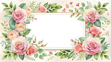 Floral frame with roses and decorative leaves. Watercolor wedding, invitation design. Floral elements, botanic watercolor.