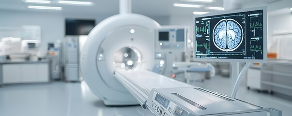 Futuristic medical facility with an advanced MRI machine, sleek design, and digital health interfaces
