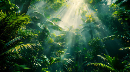 Fototapeta premium Hyper-detailed capture of a lush rainforest canopy, sunlight streaming through 