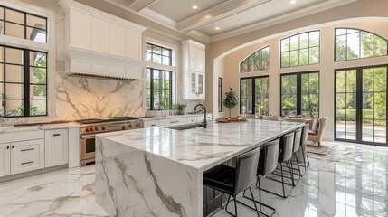 Obraz premium Stylish kitchen with marble countertops and decor.