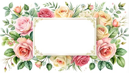 Floral frame with roses and decorative leaves. Watercolor wedding, invitation design. Floral elements, botanic watercolor.