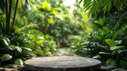 Stone tabletop podium floor in outdoors tropical garden forest blurred green leaf plant nature backgroundNatural product placement pedestal stand displayjungle paradise concept : Generative AI