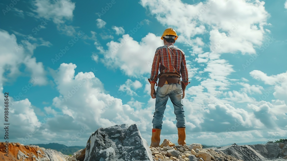 Leinwandbilder Man construction engineer wears helmet ensure safety when working in construction zone standing on pile rocks looking checking for completeness in case there is error so that it can be : Generative AI