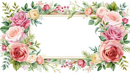 Obraz premium Floral frame with roses and decorative leaves. Watercolor wedding, invitation design. Floral elements, botanic watercolor.