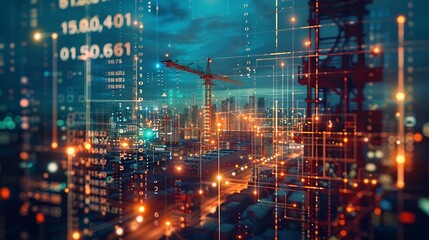 Image of financial data processing over crane and construction site global development business finance digital interface and data processing concept digitally generated image : Generative AI