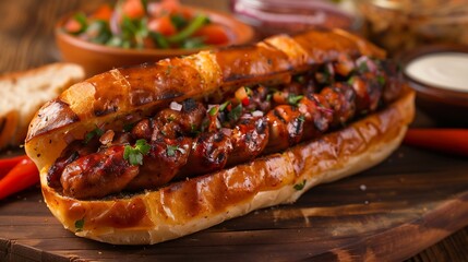 Chilean and Argentinian food Traditional choripan with spicy pebre chorizo sandwich with chorizo sausages and bread : Generative AI