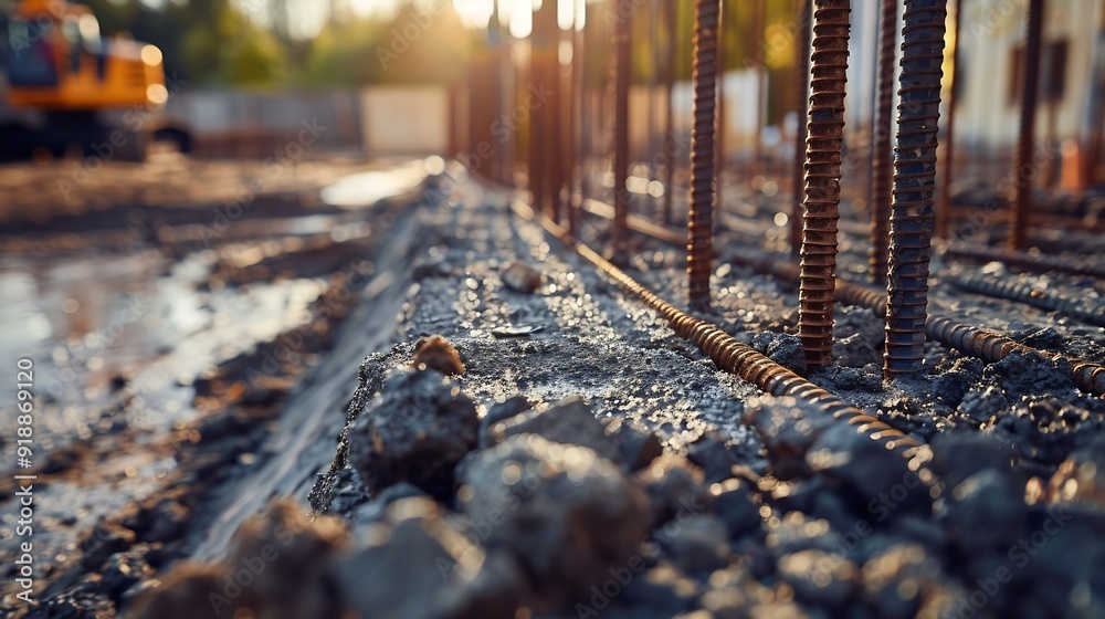 Poster large reinforced concrete structures at the construction site preparation for the installation of re