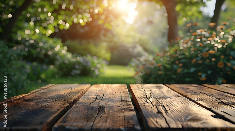 Leinwandbilder empty rustic wooden texture of old wood table top blur against green park with defocused sunlight bl