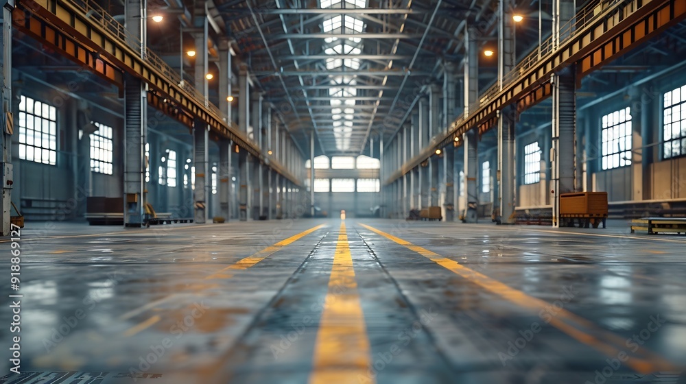 Poster clean and empty industrial hall in detail for supporting poles : generative ai