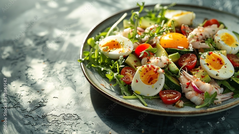 Poster Healthy salad with squid and avocado on white plate with harsh shadows Calamari salad with vegetables and eggs on white background with shadows of leaves Summer food menu : Generative AI