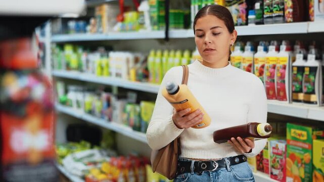  Young woman shopper choosing fertilizers in gardening department of hardware store