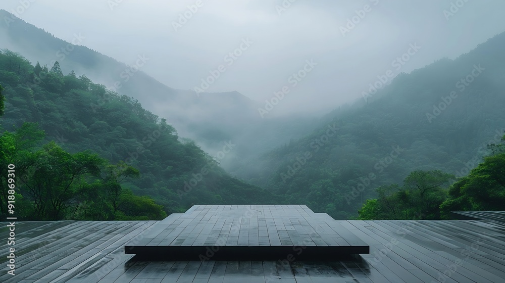 Poster Empty square platform and green mountain with forest landscape in Hangzhou China : Generative AI