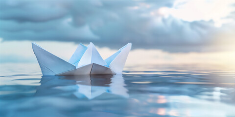 Obraz premium origami paper ship on water with sky background, version 2