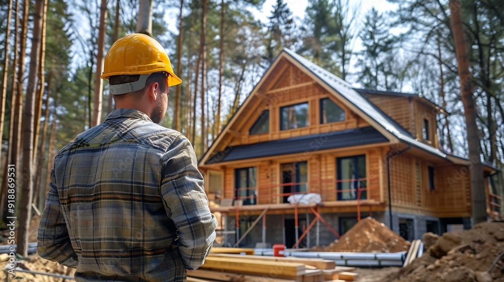 Poster worker building wooden twostory house near the forest man in work clothes and hard hat reviewing the