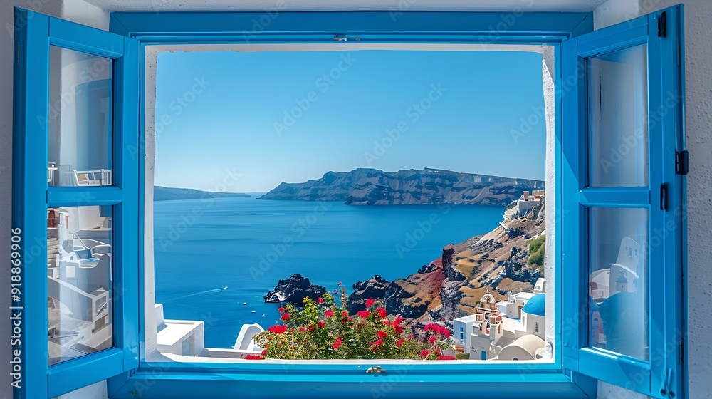 Wall mural view from an open window with blue shutters of the aegean sea caldera coastline and whitewashed town