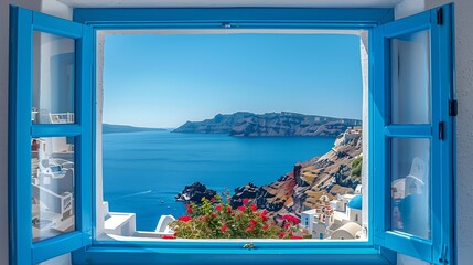 View from an open window with blue shutters of the Aegean sea caldera coastline and whitewashed town of Oia Santorini Greece : Generative AI