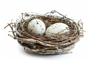 Two eggs in bird nest isolated on white background